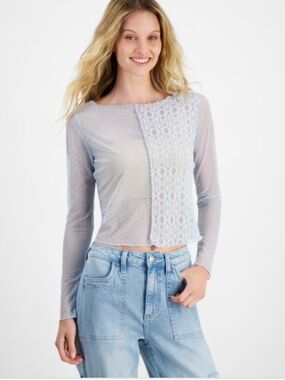 Self Esteem Juniors' Boat-Neck Long-Sleeve Mesh Top - Baby Blue SIZE  XL NWT